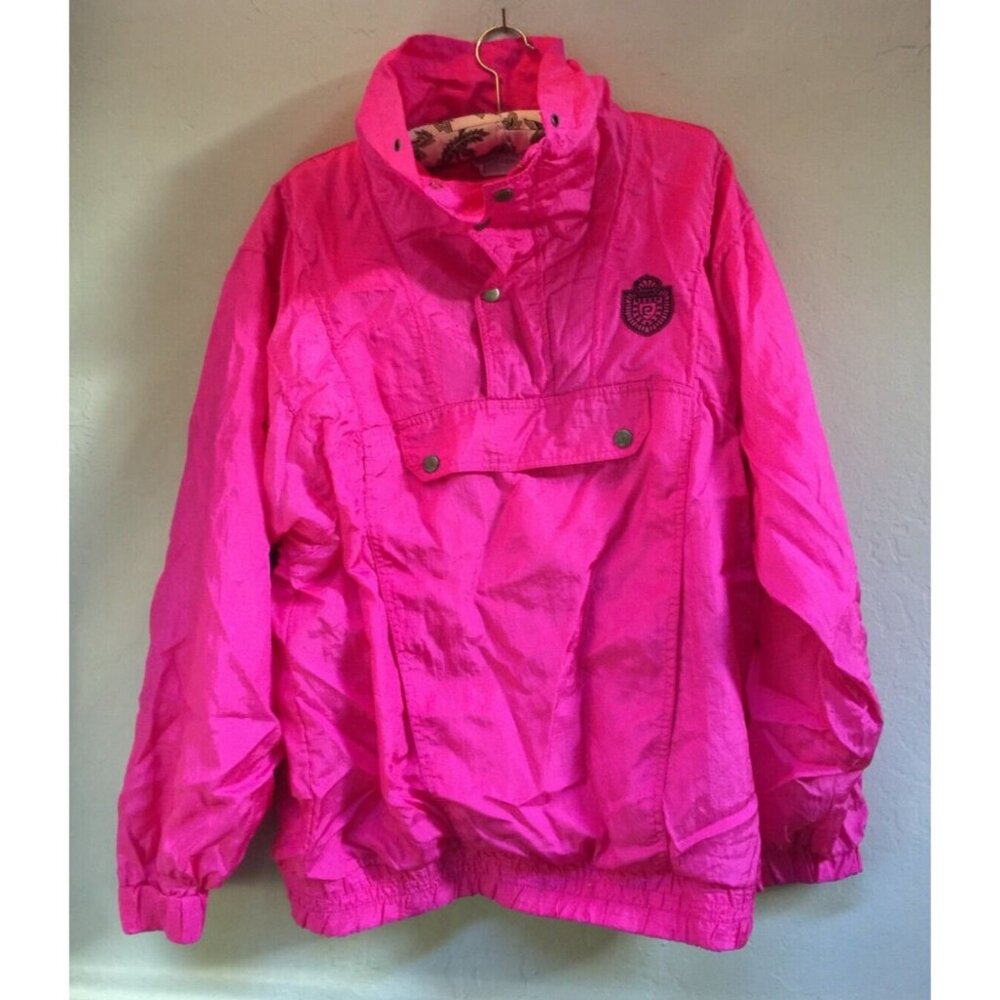 Vintage Pierre Cardin Womens Magenta Pink Windbreaker Jacket Medium Sz High Neck